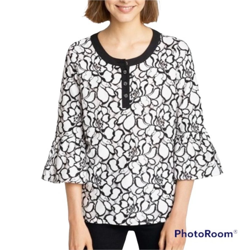 KARL LAGERFELD Paris Delicate Floral Lace Overlay Bell-Sleeve Blouse NWT Medium